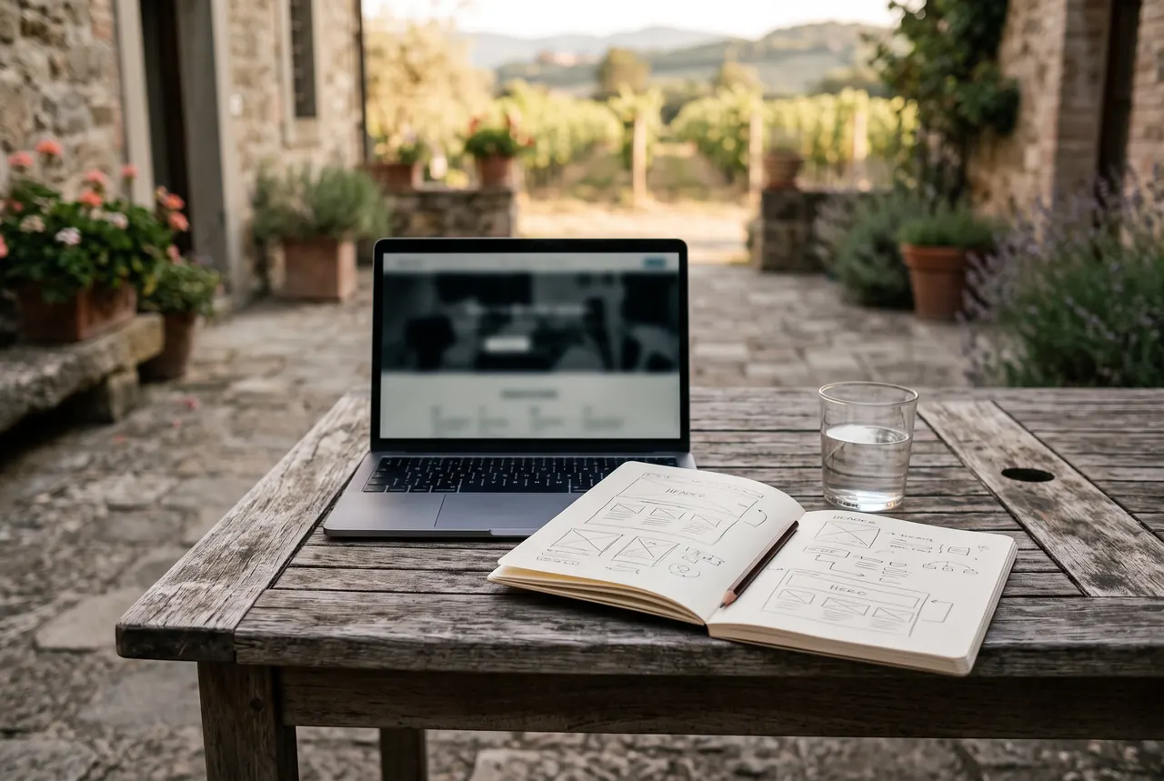 Aufgeklappter Laptop und ein Notizbuch mit Skizzen auf einem Holztisch im Innenhof, dahinter Weinberge