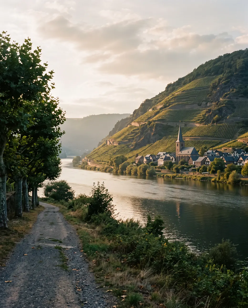 Weinberge an einem Hang über dem Rhein, davor ein Uferweg mit Platanen im Abendlicht